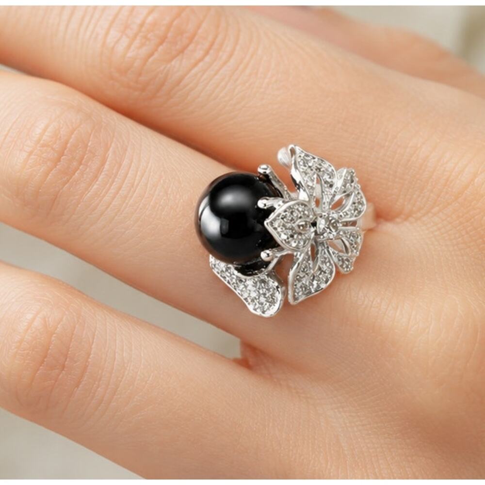 Vintage 925 Sterling‎ Silver Faux Black Pearl Rhinestone Ring Sz 7 Cocktail  r-